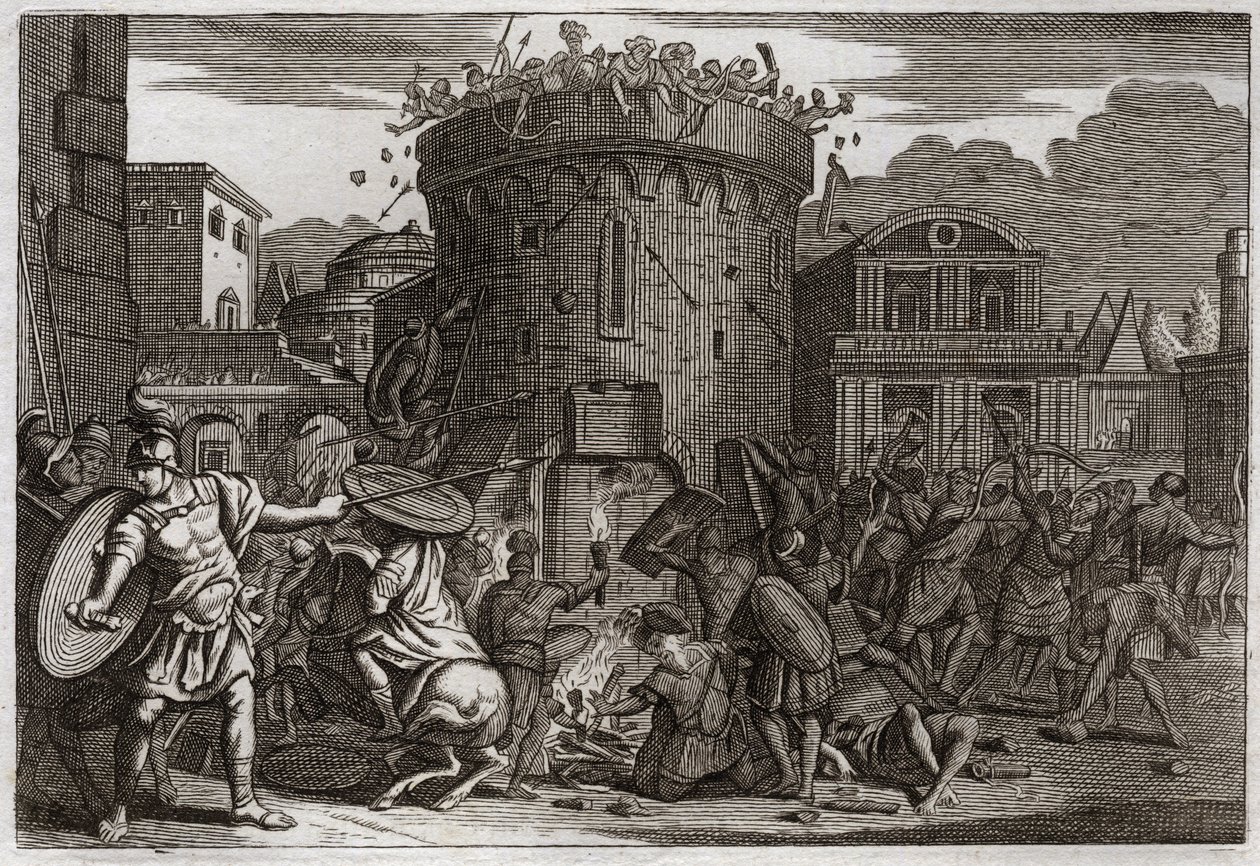Bibel von Royaumont, Altes Testament: Tod von Abimelech. Abimelech wird von einer Frau getötet, die ihn mit einem Stein erschlägt. Illustration von 1811. von Unknown artist