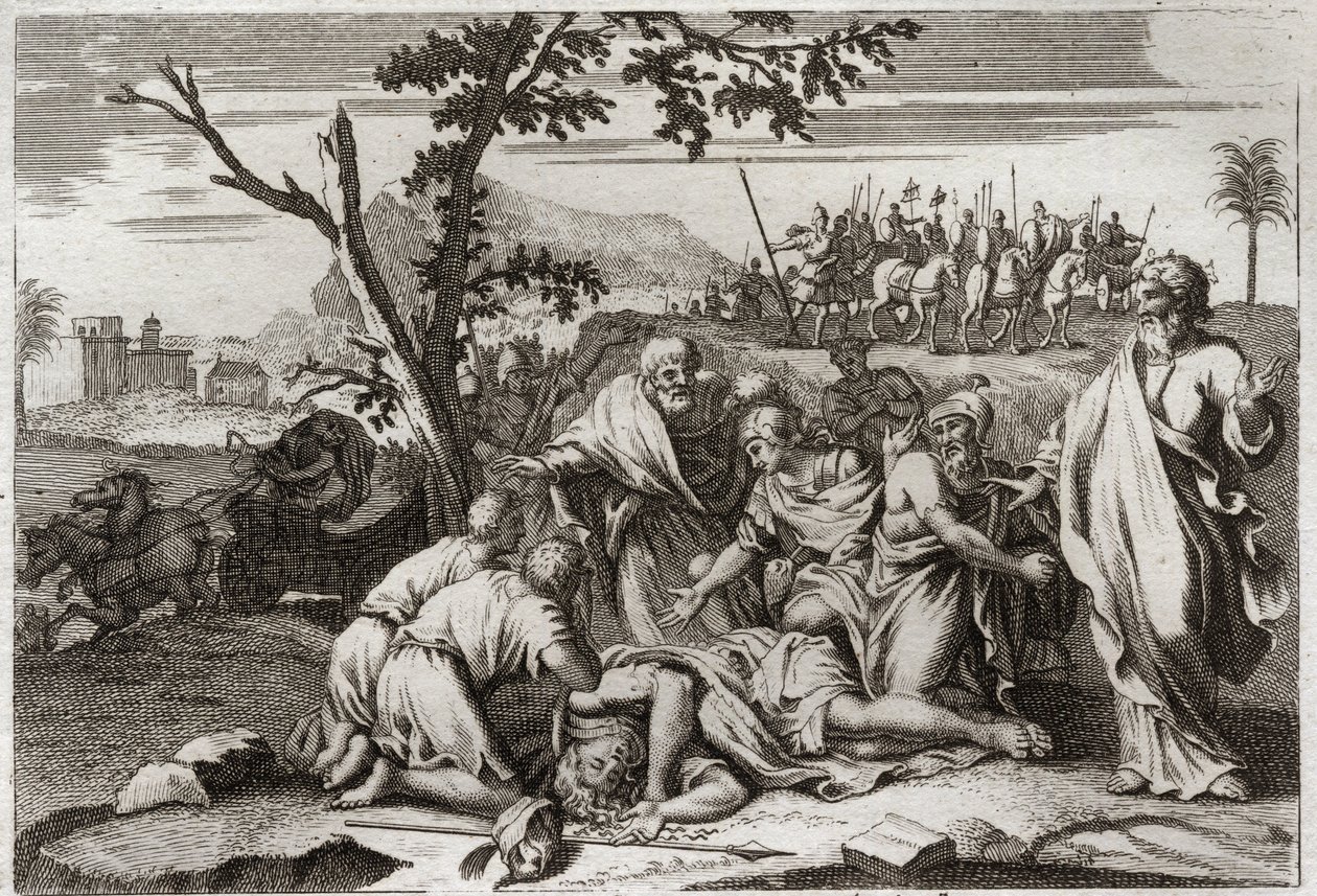 Royaumont-Bibel, Altes Testament: Tod des bösen Antiochus. Der schreckliche Tod von König Antiochus IV. Epiphanes (175-164 v. Chr.) nach einem Sturz vom Pferd. Illustration von 1811 von Unknown artist