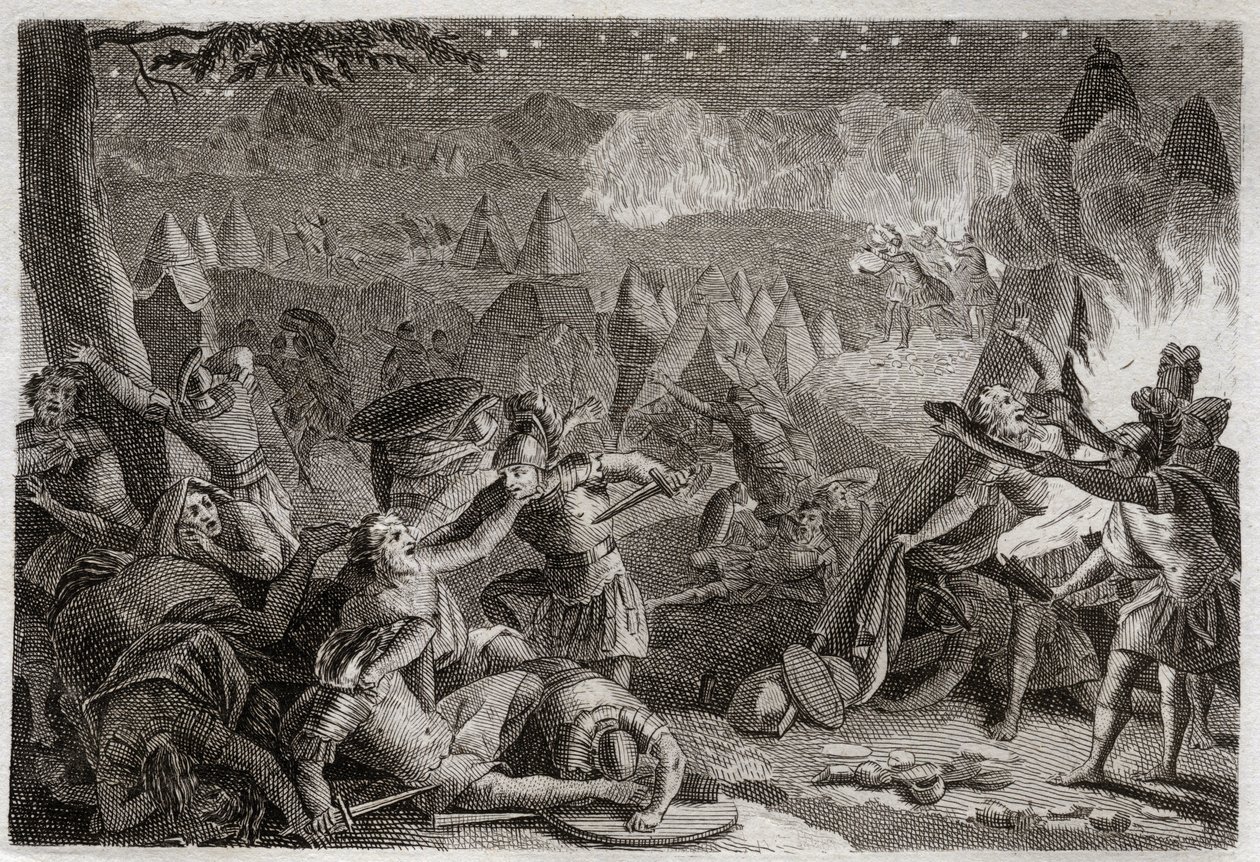 Bibel von Royaumont, Altes Testament: Niederlage der Midianiter durch den Klang der Trompeten und das Licht der Lampen. Illustration von 1811. von Unknown artist