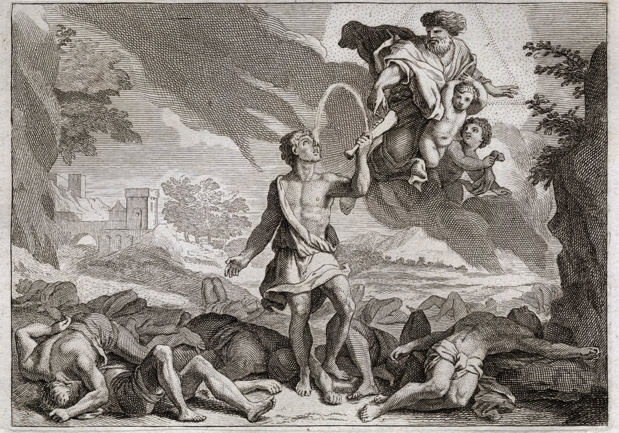 Bibel von Royaumont, Altes Testament: Die Niederlage der Philister. Samson tötet tausend Philister mit einem Eselskinnbacken. Gott lässt Wasser aus dem Kinnbacken fließen, damit Samson seinen Durst stillen kann. Illustration von 1811. von Unknown artist