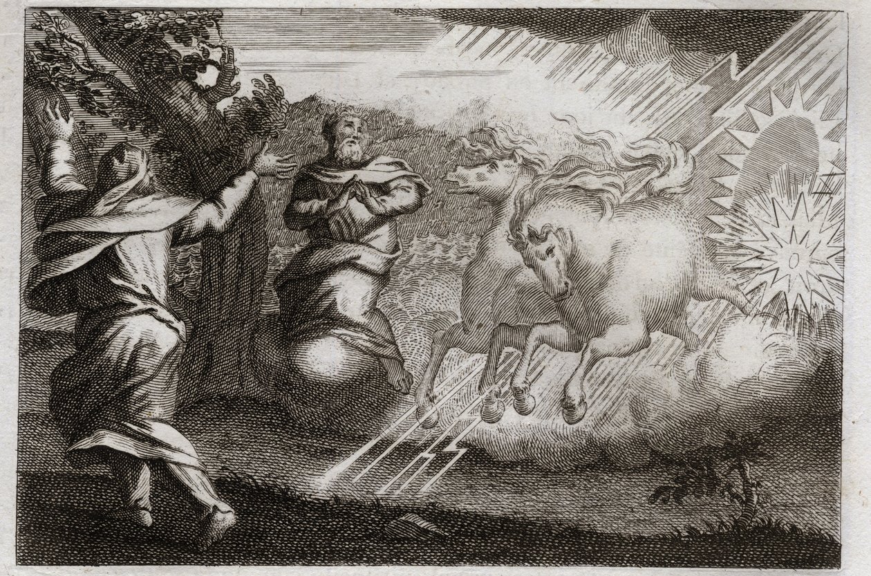 Bibel von Royaumont, Altes Testament: Elia wird in den Himmel entrückt. Elia wird in einem Feuerwagen in den Himmel entrückt, in Anwesenheit seines Jüngers. Elisa erhält von ihm seinen doppelten Geist: er teilt das Wasser des Jordan mit Elias Mantel. Illus von Unknown artist