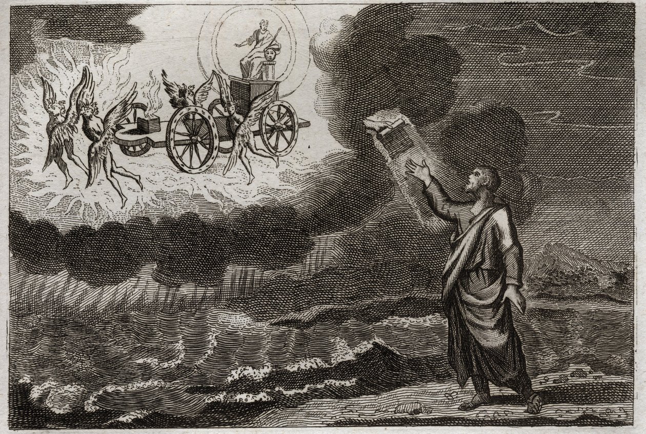 Bibel von Royaumont, Altes Testament: Ezechiel der Prophet. Der heilige Prophet hatte eine Vision, in der der Herr ihm auf einem Wagen erschien, getragen von vier Cherubinen (Tetramorph). Illustration von 1811. von Unknown artist