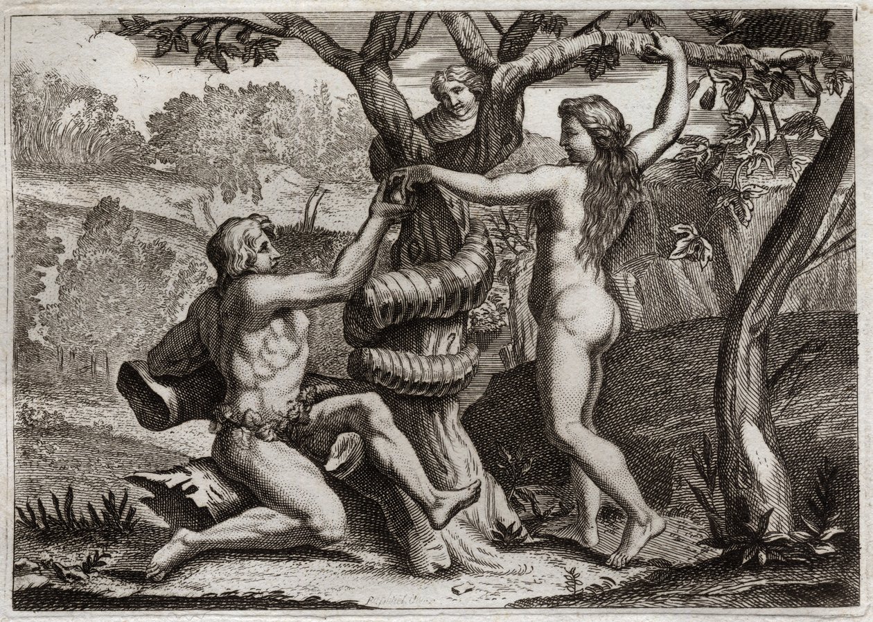Bibel von Royaumont, Altes Testament: Der Sündenfall. Der Dämon in Gestalt einer Schlange spricht zu Eva und verführt sie, die verbotene Frucht zu essen: Eva fällt und verführt auch Adam. Illustration von 1811. von Unknown artist