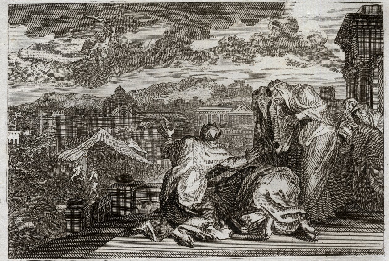 Bibel von Royaumont, Altes Testament: Pestgeißel. Und David, der aus Eitelkeit eine Volkszählung seines Volkes durchführte, wird von Gott mit einer Pest bestraft, die in drei Tagen siebzigtausend Menschen tötet. Illustration von 1811. von Unknown artist