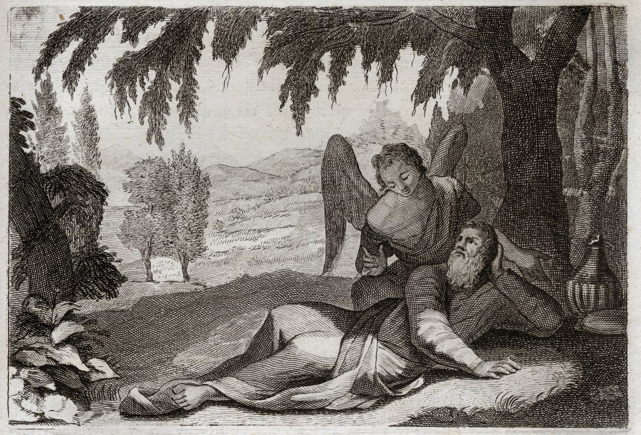 Royaumont-Bibel, Altes Testament: Flucht des Elia. Elia flieht vor dem Zorn Isebels, die sich für den Tod ihrer falschen Propheten rächen wollte, und wird in der Wüste von einem Engel unterstützt, der ihm Nahrung bringt. Illustration von 1811. von Unknown artist