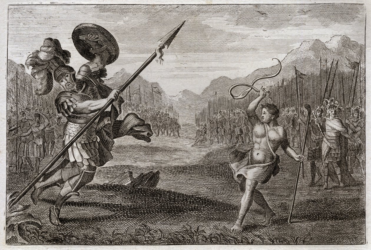 Bibel von Royaumont, Altes Testament: Riese Goliath. Goliath, Philister von ungeheurer Größe, wird von David besiegt, der nur mit einer Schleuder und einem Stock bewaffnet ist. Illustration von 1811. von Unknown artist
