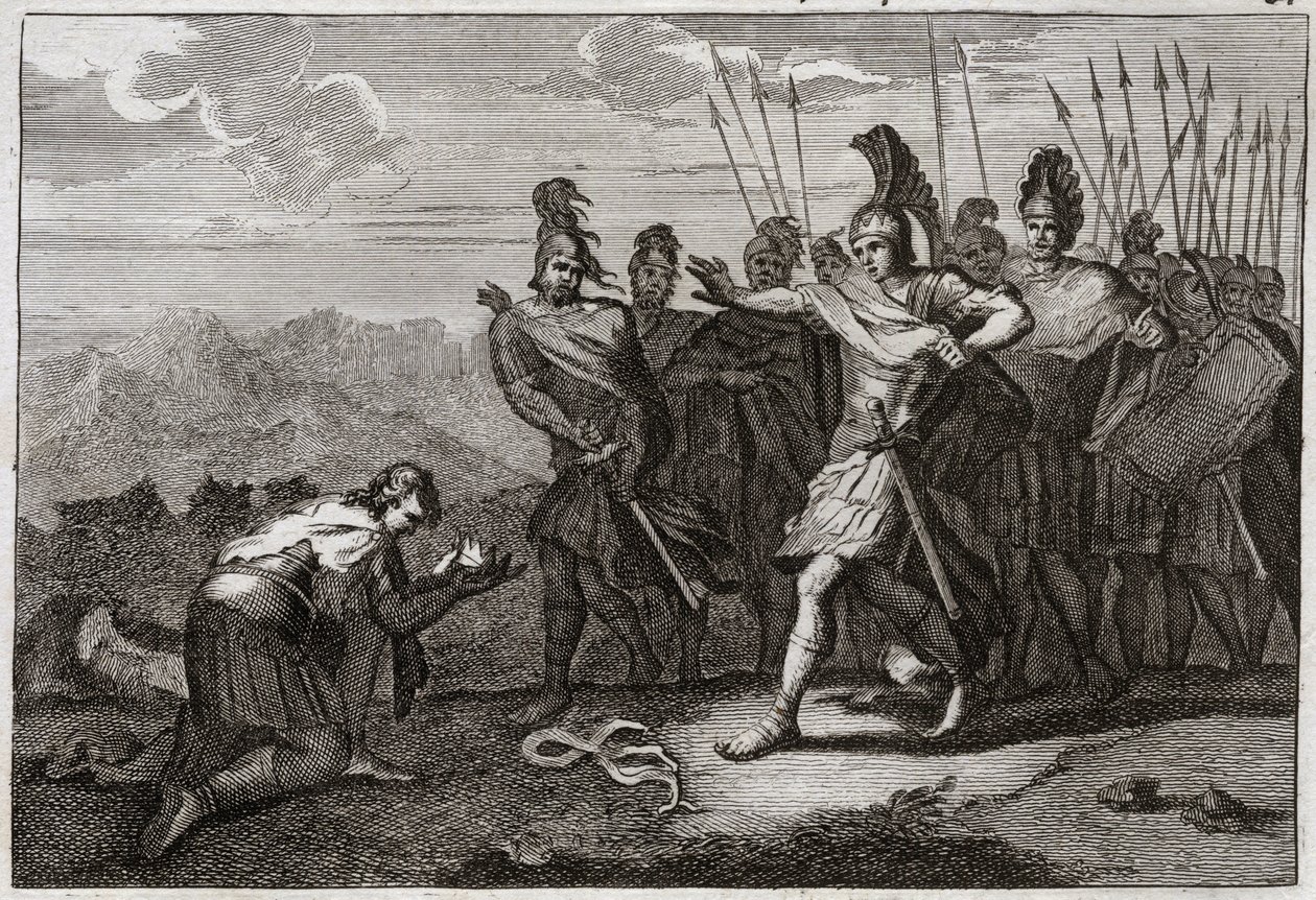 Bibel von Royaumont, Altes Testament: Kopf von Saul. Die Philister freuen sich über Sauls Tod und bieten seinen Kopf ihrem Götzen an. David bedauert den Tod und geht nach Judäa, wo er in Hebron als König anerkannt wird. Illustration von 1811. von Unknown artist
