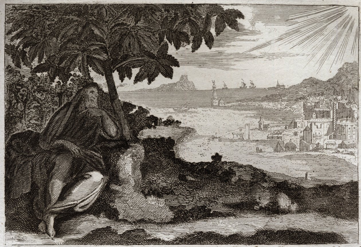 Bibel von Royaumont, Altes Testament: Efeu verdorrt. Gott zeigt seinem Propheten Jonas anhand eines anschaulichen Beispiels, wie sehr er die Menschen liebt und wie viel Schmerz er empfindet, wenn er sie bestrafen muss. Illustration von 1811. von Unknown artist
