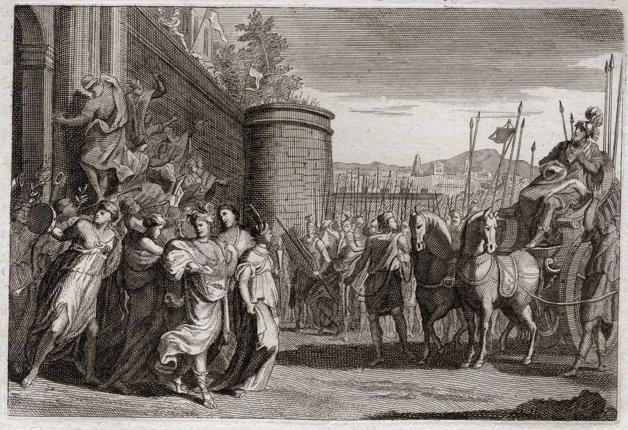 Bibel von Royaumont, Altes Testament: Jephta opfert seine Tochter. Jephta, einer der Richter Israels, gelobte, Gott die erste Person zu opfern, die ihm nach seinem Sieg gegen die Ammoniter begegnen würde. Es war seine Tochter. Illustration von 1811. von Unknown artist