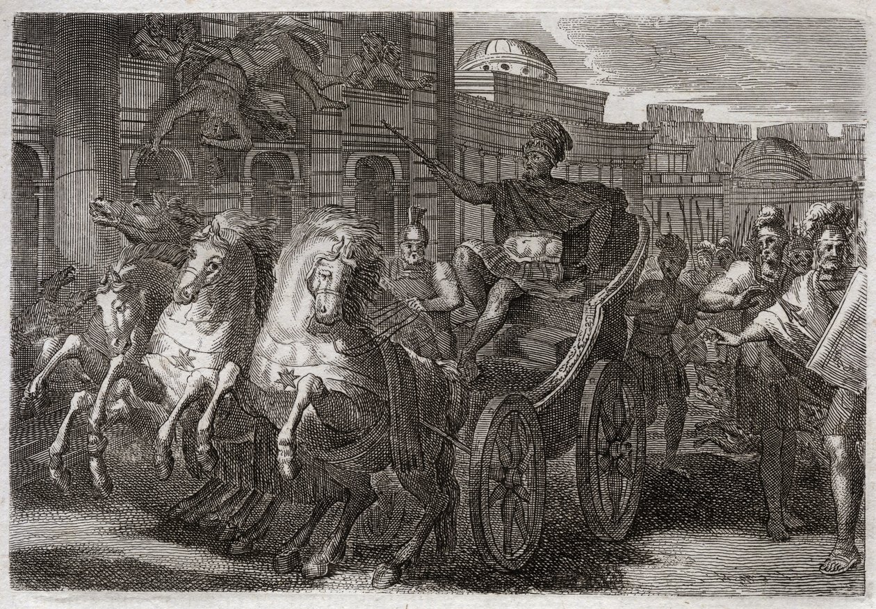 Royaumont-Bibel, Altes Testament: Jezabel wird von Hunden gefressen. Jehu lässt Jezabel aus einem Fenster werfen, und sie wird von Hunden gefressen. Illustration von 1811. von Unknown artist