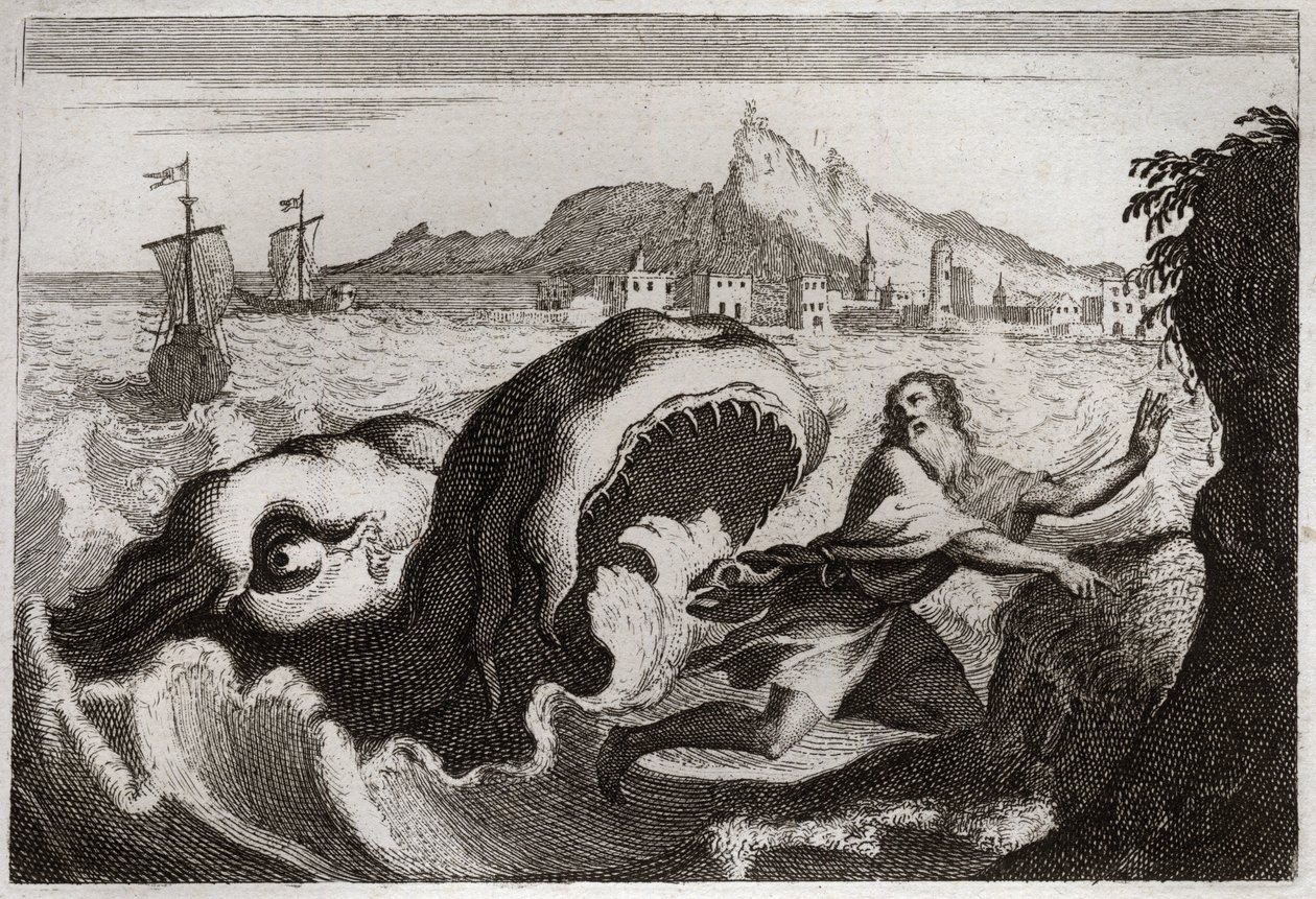 Royaumont-Bibel, Altes Testament: Jona im Wal. Der Prophet Jona lebt in einem Wal und kommt lebend heraus. Illustration von 1811. von Unknown artist