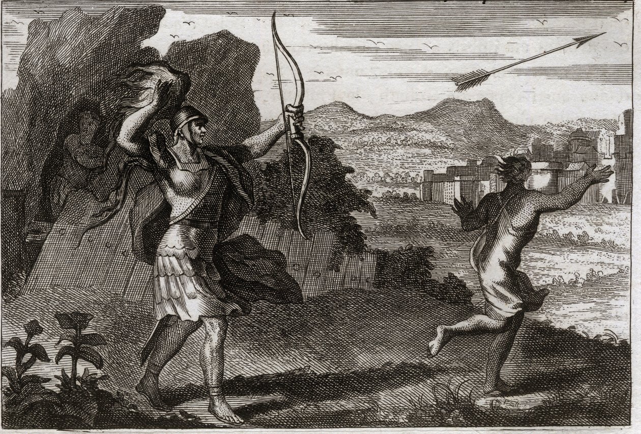 Bibel von Royaumont, Altes Testament: Jonathan und David. Und als Jonathan die Bitterkeit seines Vaters sah, warnte er David, sich zurückzuziehen. Illustration von 1811. von Unknown artist