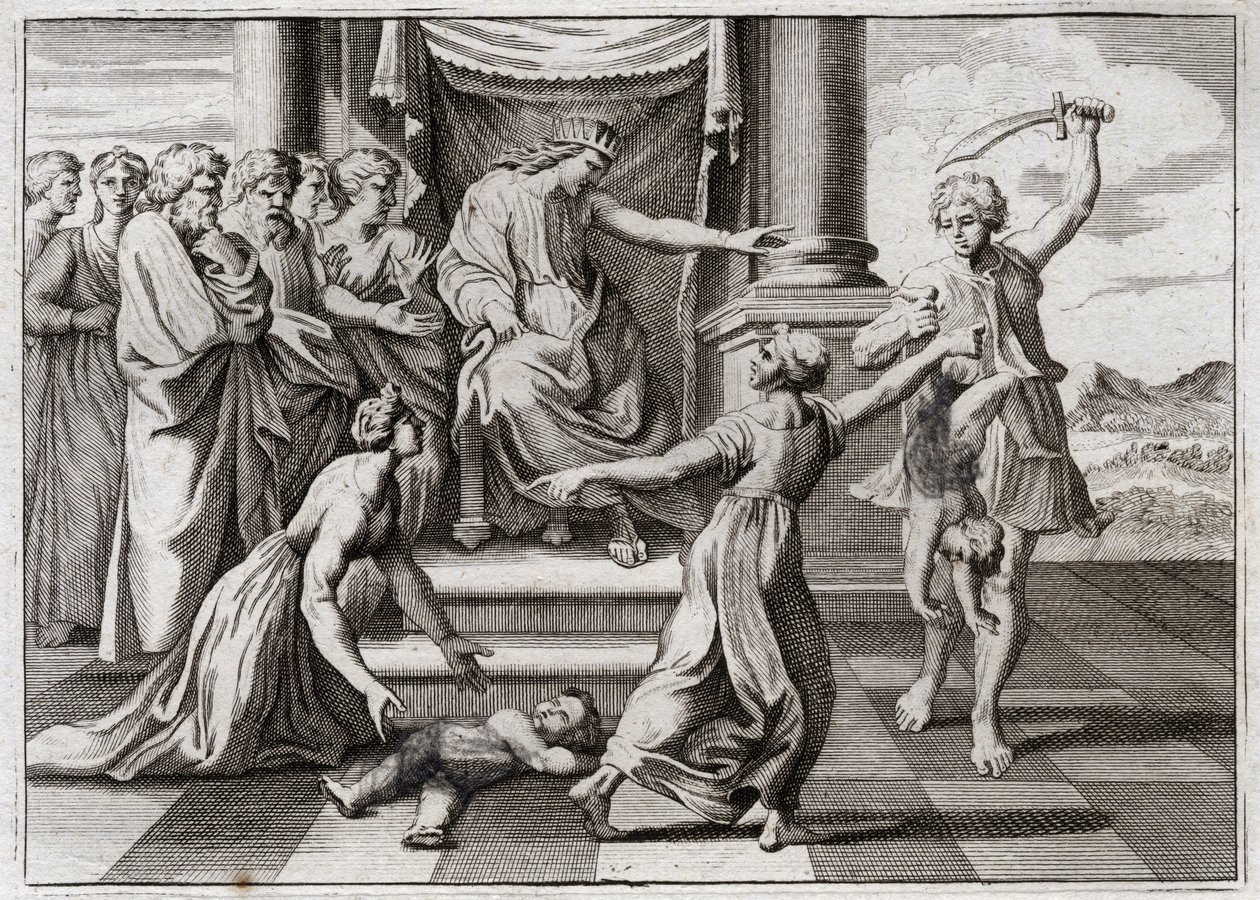 Bibel von Royaumont, Altes Testament: Urteil Salomos. Salomos berühmtes Urteil zwischen zwei Frauen, um zu erkennen, welche der beiden die Mutter eines Kindes ist, das beide als ihr eigenes beanspruchen. Illustration von 1811. von Unknown artist