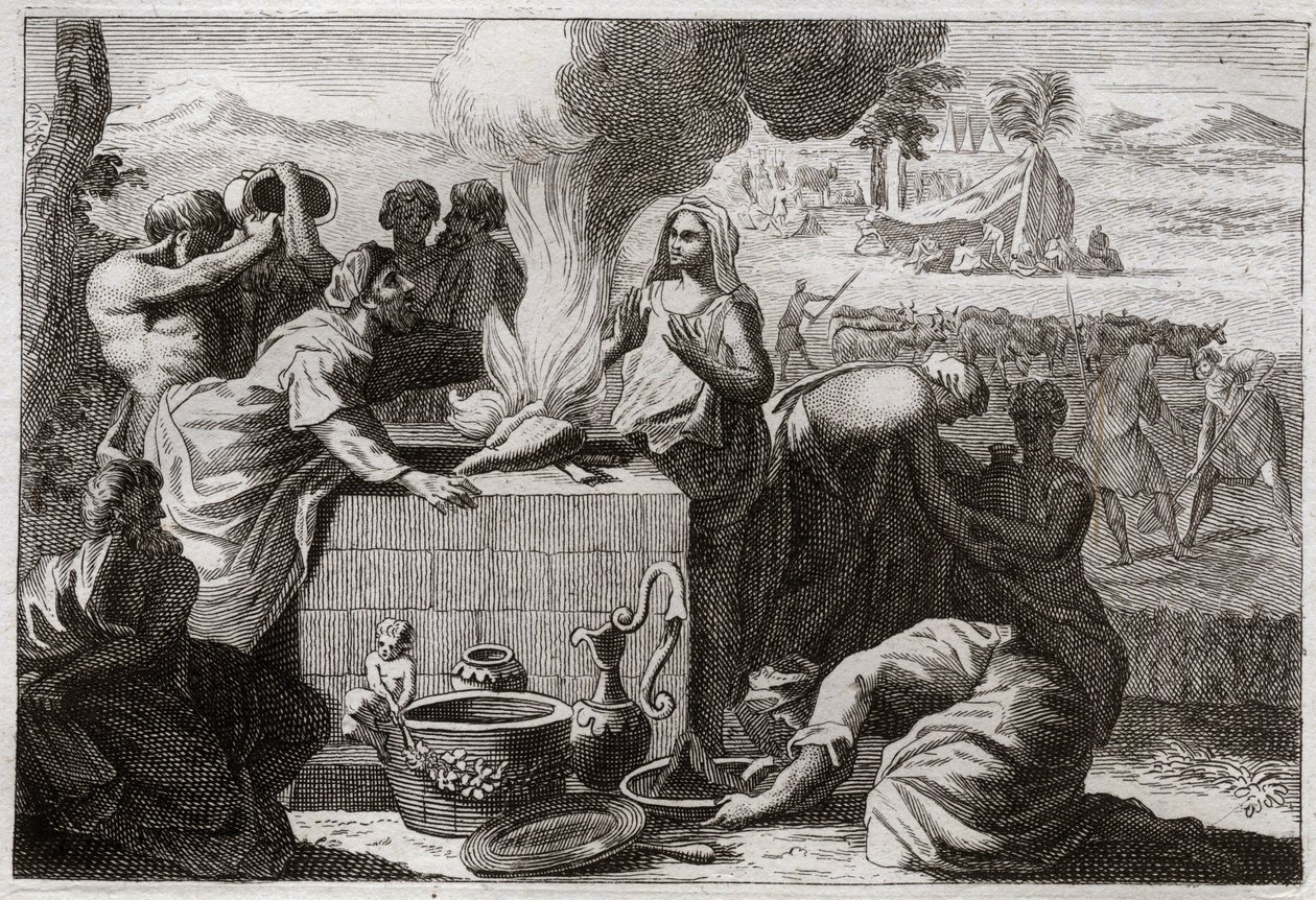 Royaumont-Bibel, Altes Testament: Lot trennt sich von Abraham. Ein Streit entbrannte zwischen den Hirten von Abraham und Lot, und sie trennten sich voneinander, und Lot zog nach Sodom. Illustration von 1811. von Unknown artist