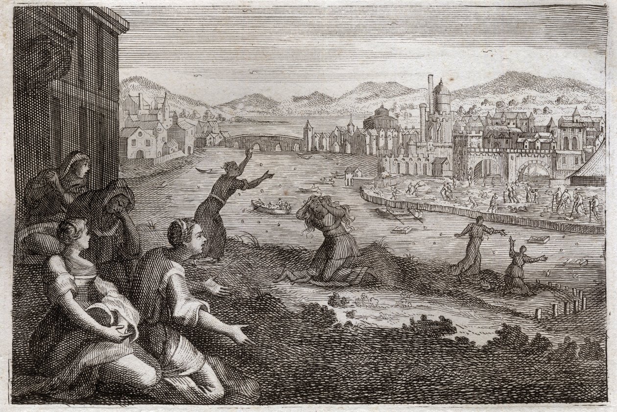 Bibel von Royaumont, Altes Testament: Hebammen von Ägypten. Der Pharao lässt die männlichen Kinder der Israeliten in den Nil werfen. Illustration von 1811. von Unknown artist