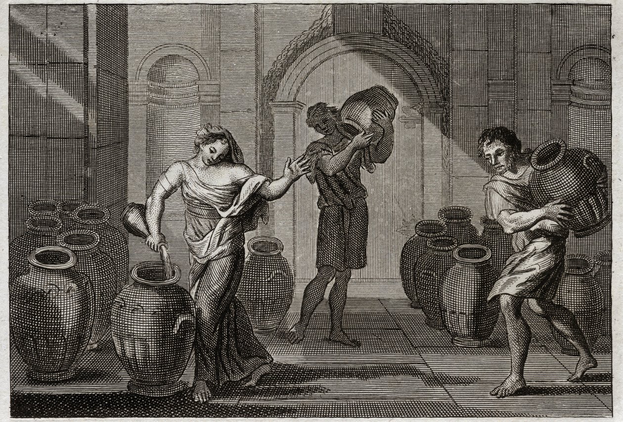 Bibel von Royaumont, Altes Testament: Wunder von Elise. Eine von ihren Gläubigern gequälte Witwe nutzt Elises Wohltätigkeit, dieser Prophet befiehlt ihr, viele Gefäße von ihren Nachbarn zu leihen, die sie mit Öl füllt, das sie noch übrig hatte. Illustratio von Unknown artist