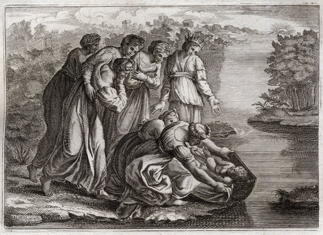 Royaumont-Bibel, Altes Testament: Moses rettet aus den Wassern. Die Tochter des Pharao zog Moses aus den Wassern des Nils und adoptierte ihn als ihren Sohn. Illustration von 1811. von Unknown artist