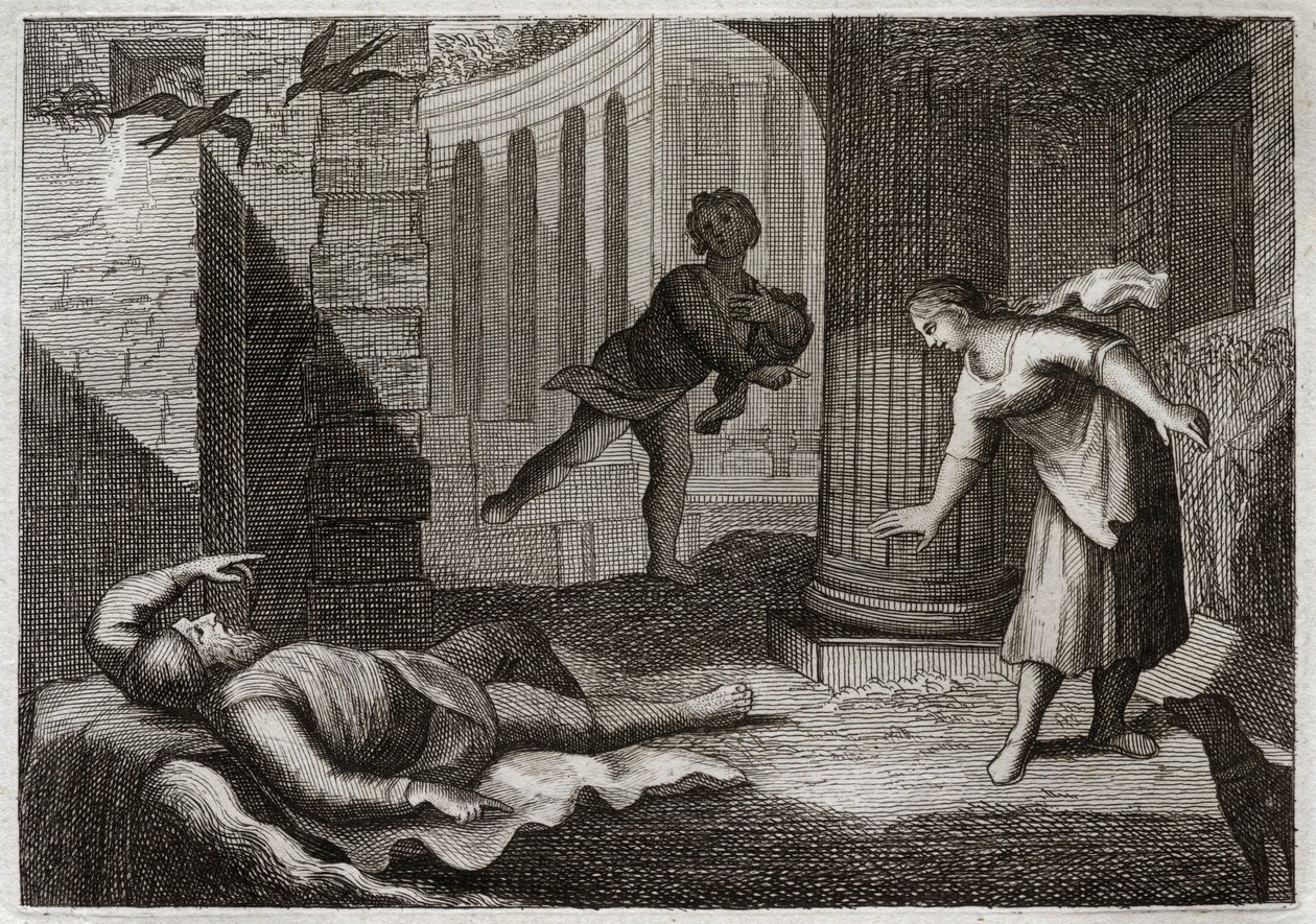 Bibel von Royaumont, Altes Testament: Der heilige Tobit erblindet. Der heilige Mann Tobit erblindet und erträgt dieses Übel mit äußerster Geduld. Illustration von 1811. von Unknown artist
