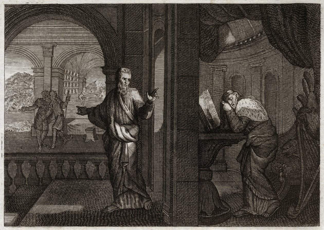Bibel von Royaumont, Altes Testament: Die Buße Davids. Gott sendet seinen Propheten Nathan zu David, um ihm seine Schuld vor Augen zu führen. Die Reue, die dieser heilige König daraus zog, ließ ihn alle Übel akzeptieren, die der Prophet ihm vorhersagte. Il von Unknown artist