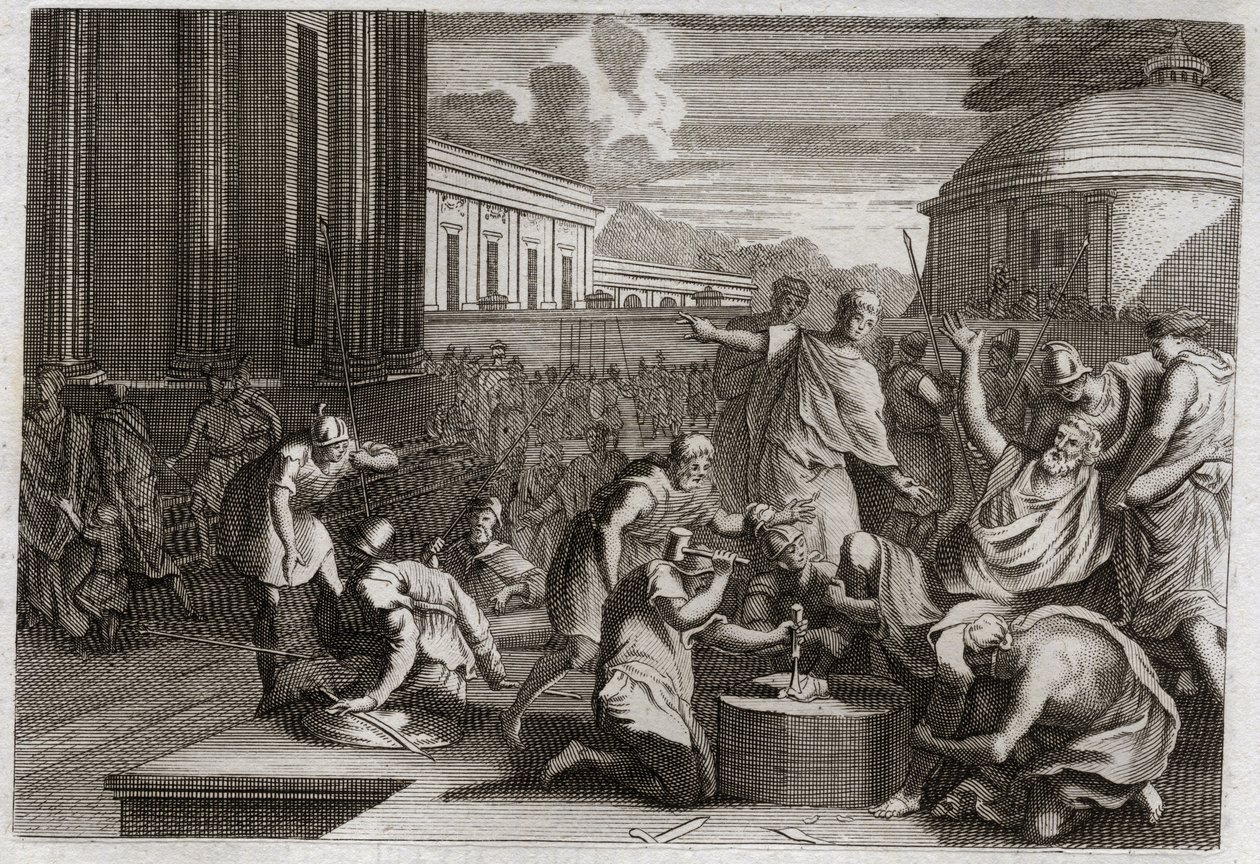Bibel von Royaumont, Altes Testament: Bestrafung von Adonibesec. Josuas Tod. König Adonibesec (Adonibesech, Adoni Bezek, Adoni-Bezek) wurde von den Juden besiegt und ihm wurden die Enden seiner Füße und Hände abgeschnitten, wie er es bei siebzig Königen ge von Unknown artist