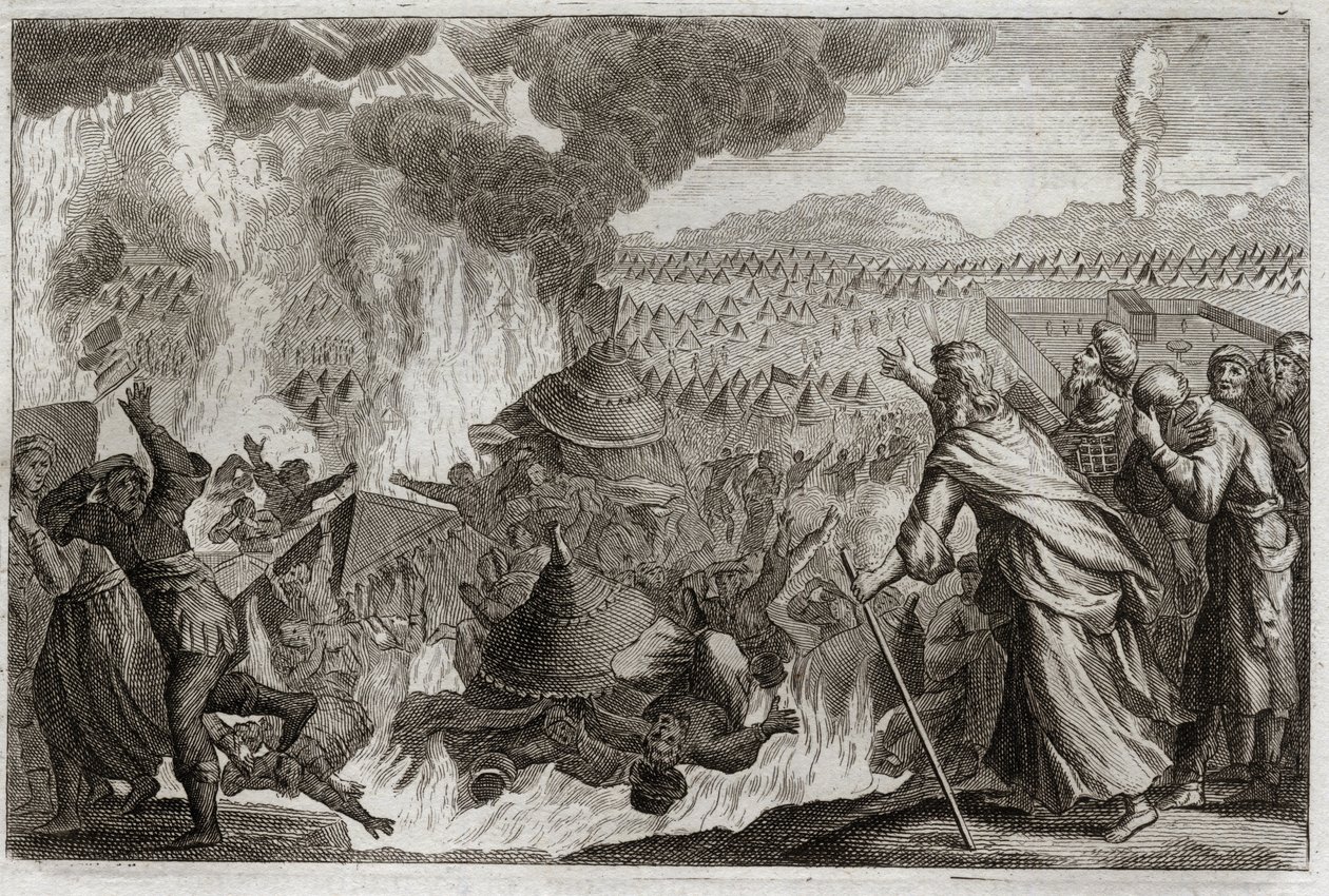 Royaumont-Bibel, Altes Testament: Bestrafung durch himmlisches Feuer. Korach (Kore), Dathan (Datan, Nathan) und Abiram (Abriron), die gegen Mose murren und die Herrschaft beanspruchen, werden alle lebendig zerstört, und die Erde öffnet sich, um sie zu vers von Unknown artist