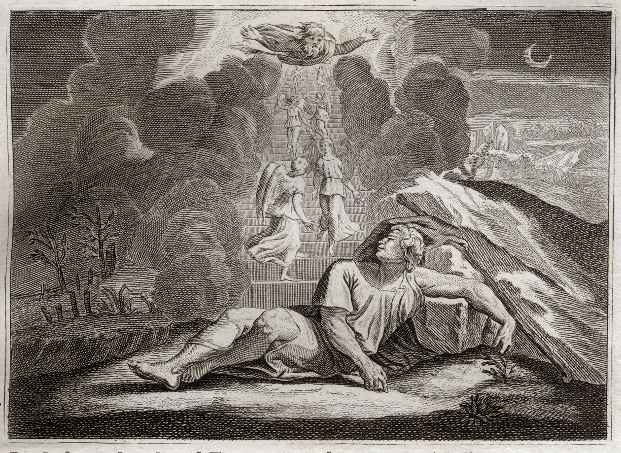 Bibel von Royaumont, Altes Testament: Die Himmelsleiter Jakobs. Jakob, der vor Esaus Zorn flieht, sieht im Schlaf eine geheimnisvolle Leiter. Illustration von 1811. von Unknown artist