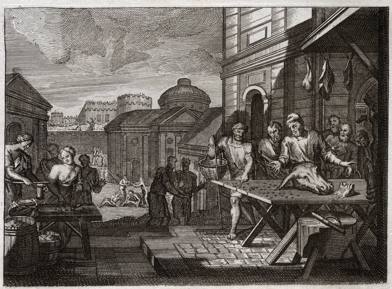 Bibel von Royaumont, Altes Testament: Belagerung von Samaria. Der König von Syrien belagerte die Stadt Samaria und reduzierte sie zu einer schrecklichen Hungersnot. Illustration von 1811. von Unknown artist