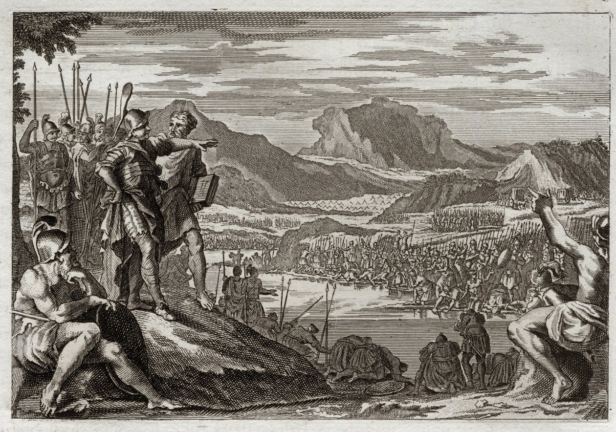 Royaumont-Bibel, Altes Testament: Soldaten von Gideon. Gott befiehlt Gideon, alle seine Truppen zum Jordanfluss zu führen, und gibt ihm ein Zeichen, um diejenigen zu erkennen, die er im Kampf gegen die Midianiter einsetzen soll. Illustration von 1811. von Unknown artist