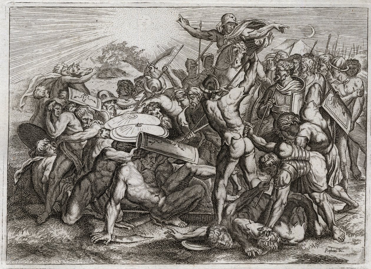 Royaumont-Bibel, Altes Testament: Sonnenstopp. Josua verfolgt seine amoritischen Feinde (Amoriter) und lässt die Sonne stillstehen, damit er mehr Zeit hat, sie zu besiegen. Illustration von 1811. von Unknown artist