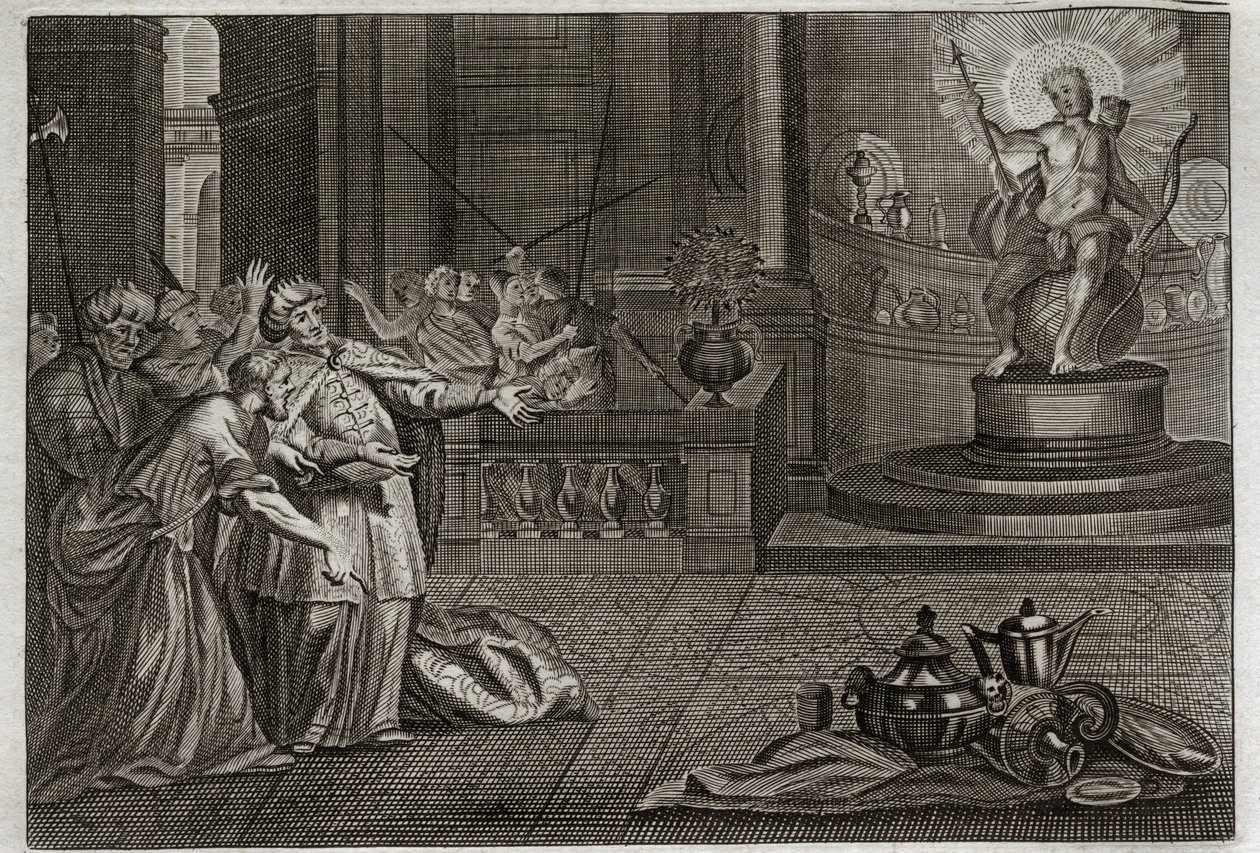 Bibel von Royaumont, Altes Testament: Das Idol von Bel. Daniel zerstörte das Idol von Bel und tötete einen Drachen, den die Babylonier verehrten. Illustration von 1811. von Unknown artist