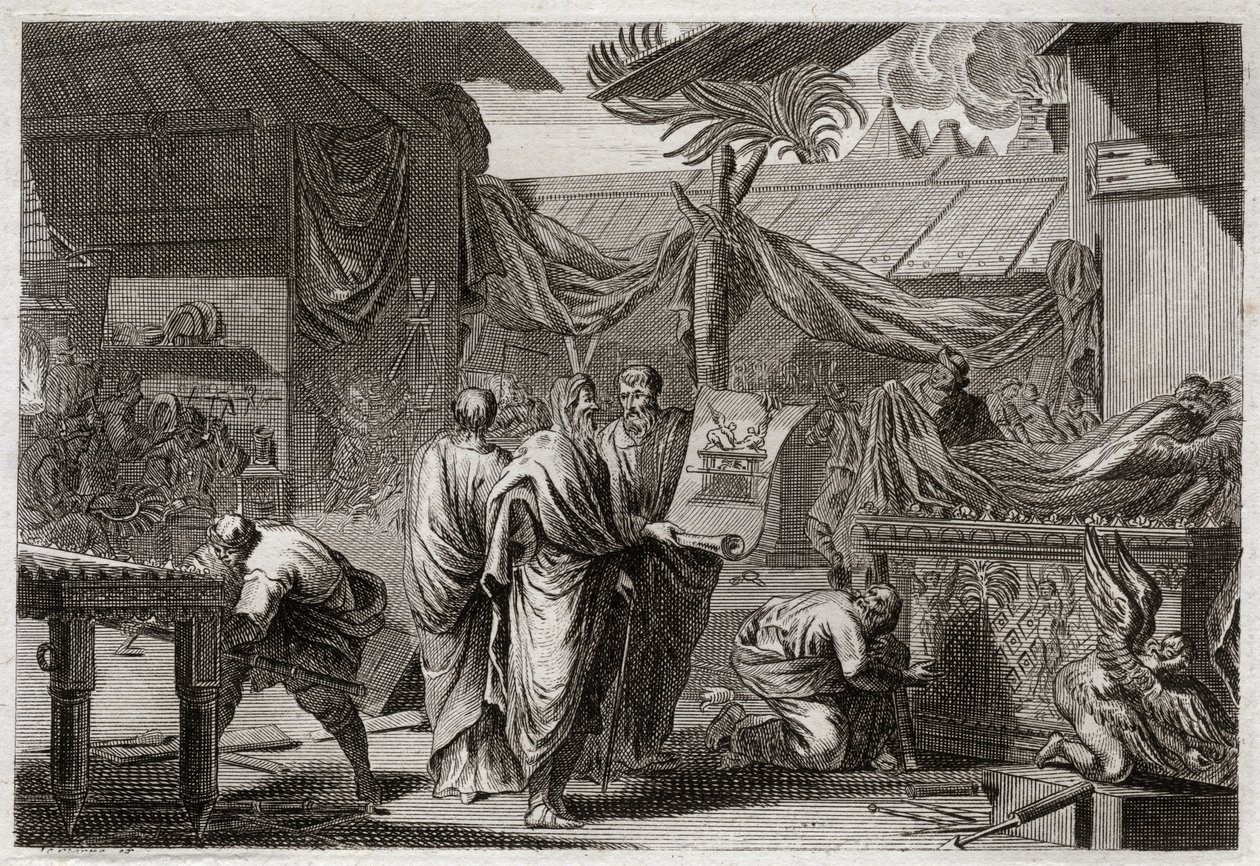 Bibel von Royaumont, Altes Testament: Das Tabernakel. Moses errichtet das Tabernakel nach dem Befehl, den er von Gott erhalten hatte. Illustration von 1811. von Unknown artist