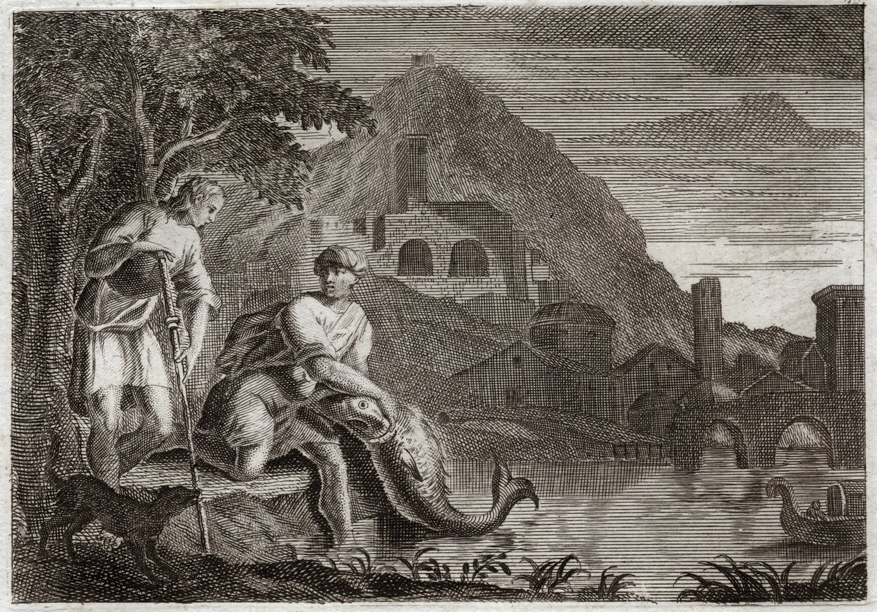 Bibel von Royaumont, Altes Testament: Der Engel führt Tobit. Der junge Tobit wird von einem Fisch (wunderbar) erschreckt, der ihn fressen wollte. Der Engel Raphael kommt auf Gottes Befehl, um ihn auf einer Reise zu führen, die er unternehmen musste. Illust von Unknown artist