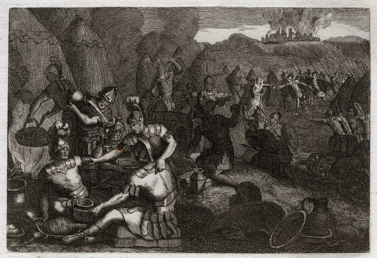 Royaumont-Bibel, Altes Testament: Diebe von Siceleg. Einige Amalekiter kommen, um Siceleg in Abwesenheit von David zu plündern. Er rennt wütend und besiegt sie. Illustration von 1811. von Unknown artist