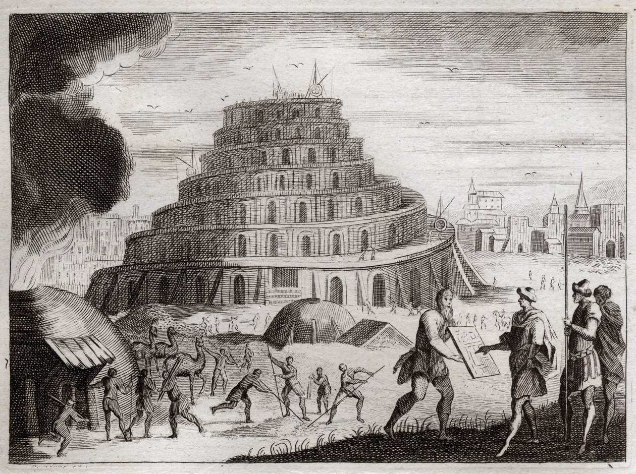 Bibel von Royaumont, Altes Testament: Turm von Babel. Männer wollen aus Eitelkeit einen Turm zum Himmel bauen. Gott verhindert dieses Werk, indem er ihre Sprachen verwirrt, sodass sie einander nicht mehr verstehen. Illustration von 1811. von Unknown artist