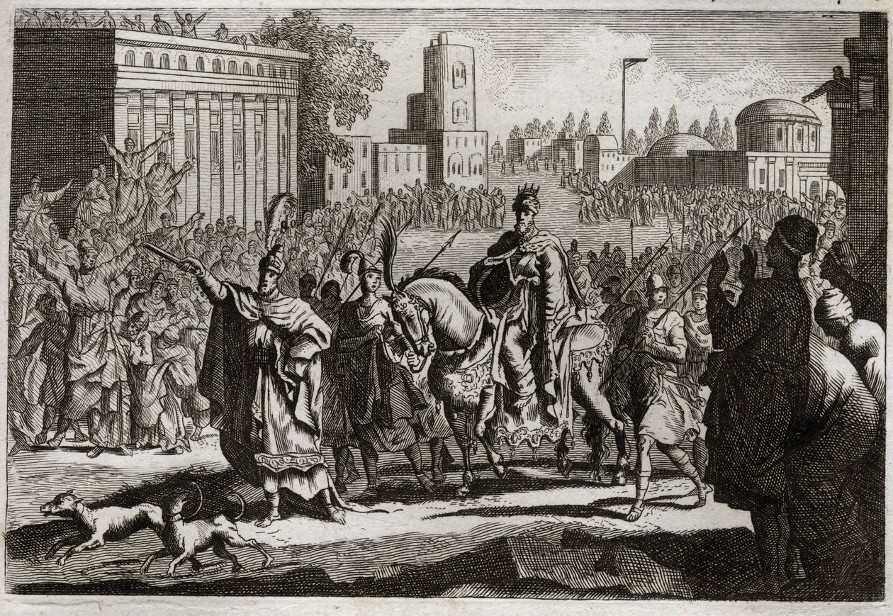 Bibel von Royaumont, Altes Testament: Triumph von Mardocheus. Aman (Haman) wird vom König gezwungen, den Triumph seines Feindes Mardocheus (oder Mordechai) in der Stadt Susan (besser bekannt als Susa) zu verkünden. Illustration von 1811. von Unknown artist