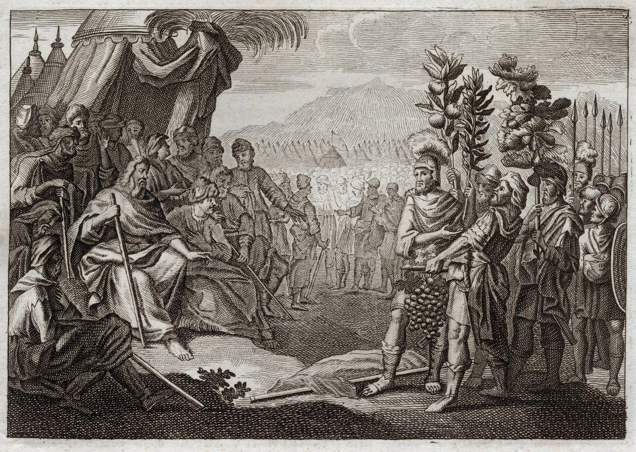 Bibel von Royaumont, Altes Testament: Die zwölf Spione. Moses schickte zwölf Spione, um das Land Kanaan (das Gelobte Land) zu erkunden. Sie bringen das Volk zum Murren, und Gott, um sie für dieses Murren zu bestrafen, versichert ihnen, dass sie dieses Land von Unknown artist