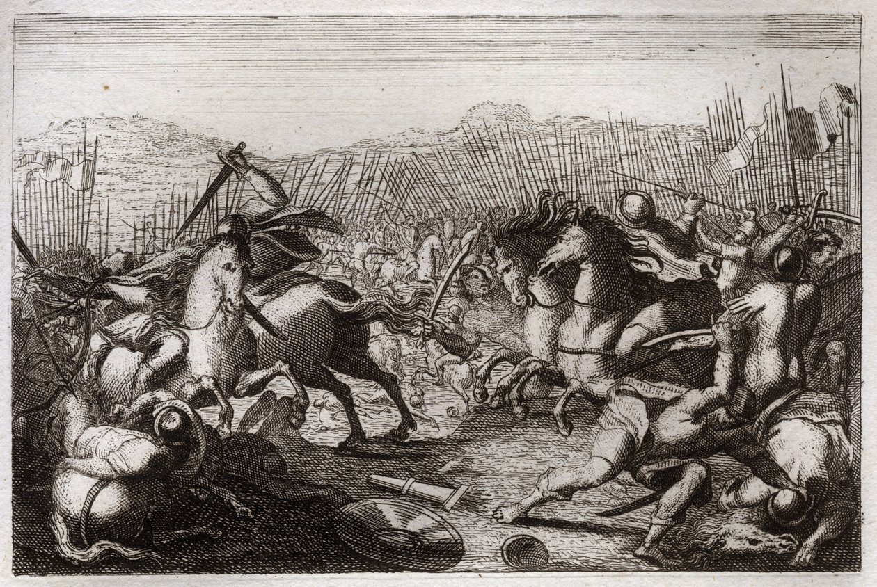 Bibel von Royaumont, Altes Testament: Sieg des Judas. Judas Makkabäus besiegte Apollonius, Seron, Ptolemaios Macron, Gorgias, Nikanor und Lysias in verschiedenen Schlachten. Illustration von 1811. von Unknown artist