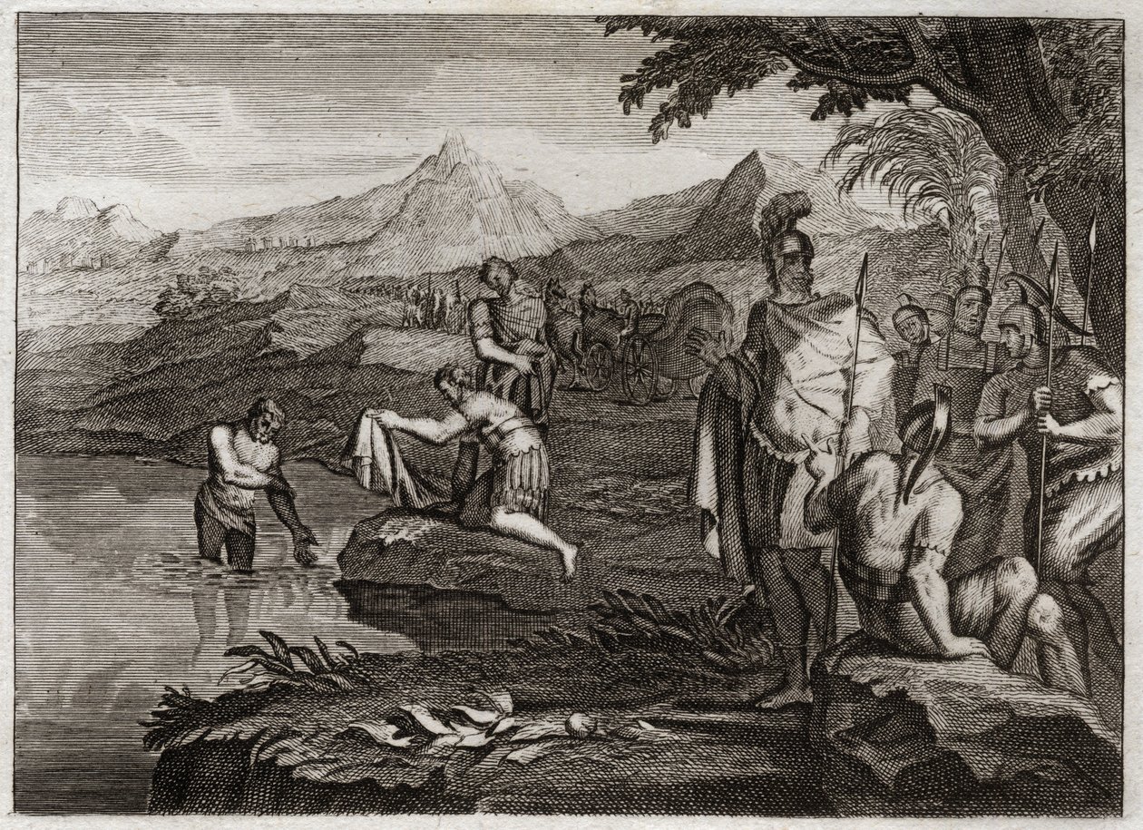 Royaumont-Bibel, Altes Testament: Krieg von Naaman. Naaman, General der Armee des Königs von Syrien, kam zum Propheten Elisa, um von seinem Aussatz geheilt zu werden. Illustration von 1811 von Unknown artist