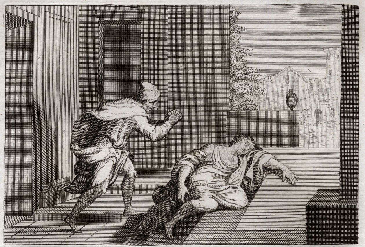 Bibel von Royaumont, Altes Testament: Frau des geschändeten Leviten. Die Frau des Leviten wurde tot an der Tür gefunden, nachdem sie von Schurken missbraucht worden war. Illustration von 1811. von Unknown artist