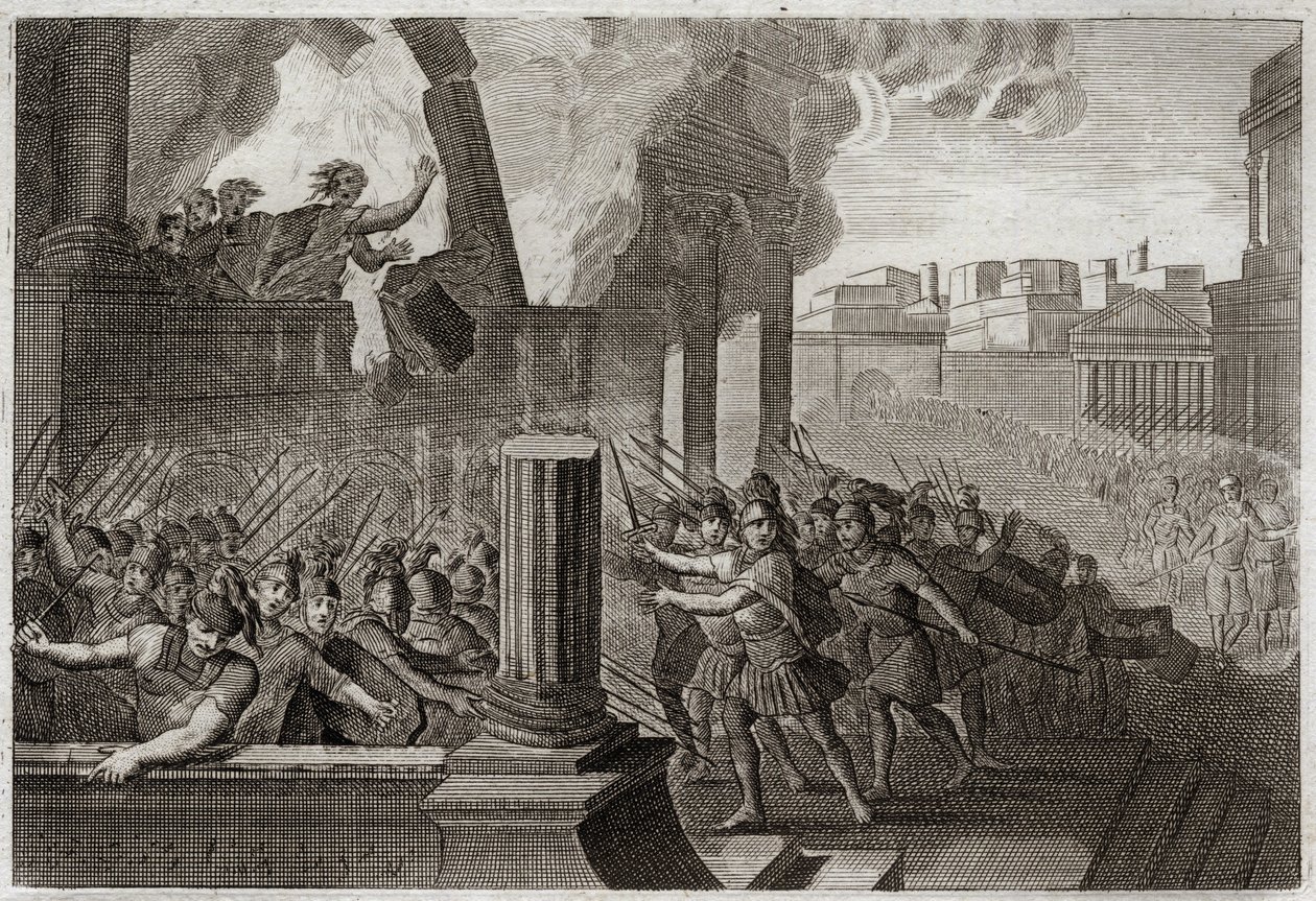 Bibel von Royaumont, Altes Testament: Zambri verbrennt. Zambri, der gegen Ela, den vierten König von Israel, revoltiert hat, belagert Thersa, wo er sich mit seiner ganzen Familie in seinem Palast verbrennt. Illustration von 1811. von Unknown artist
