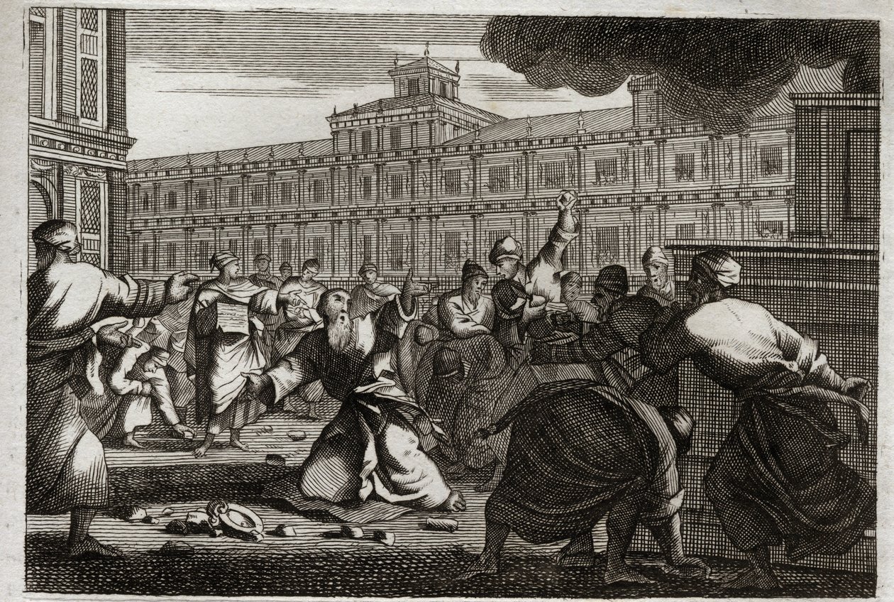 Bibel von Royaumont, Altes Testament: Zacharias wird gesteinigt. Zacharias, der Hohepriester, wird auf Befehl von Joasch (Joas), König von Juda, gesteinigt, weil er sich seinen Befehlen widersetzte. Illustration von 1811. von Unknown artist