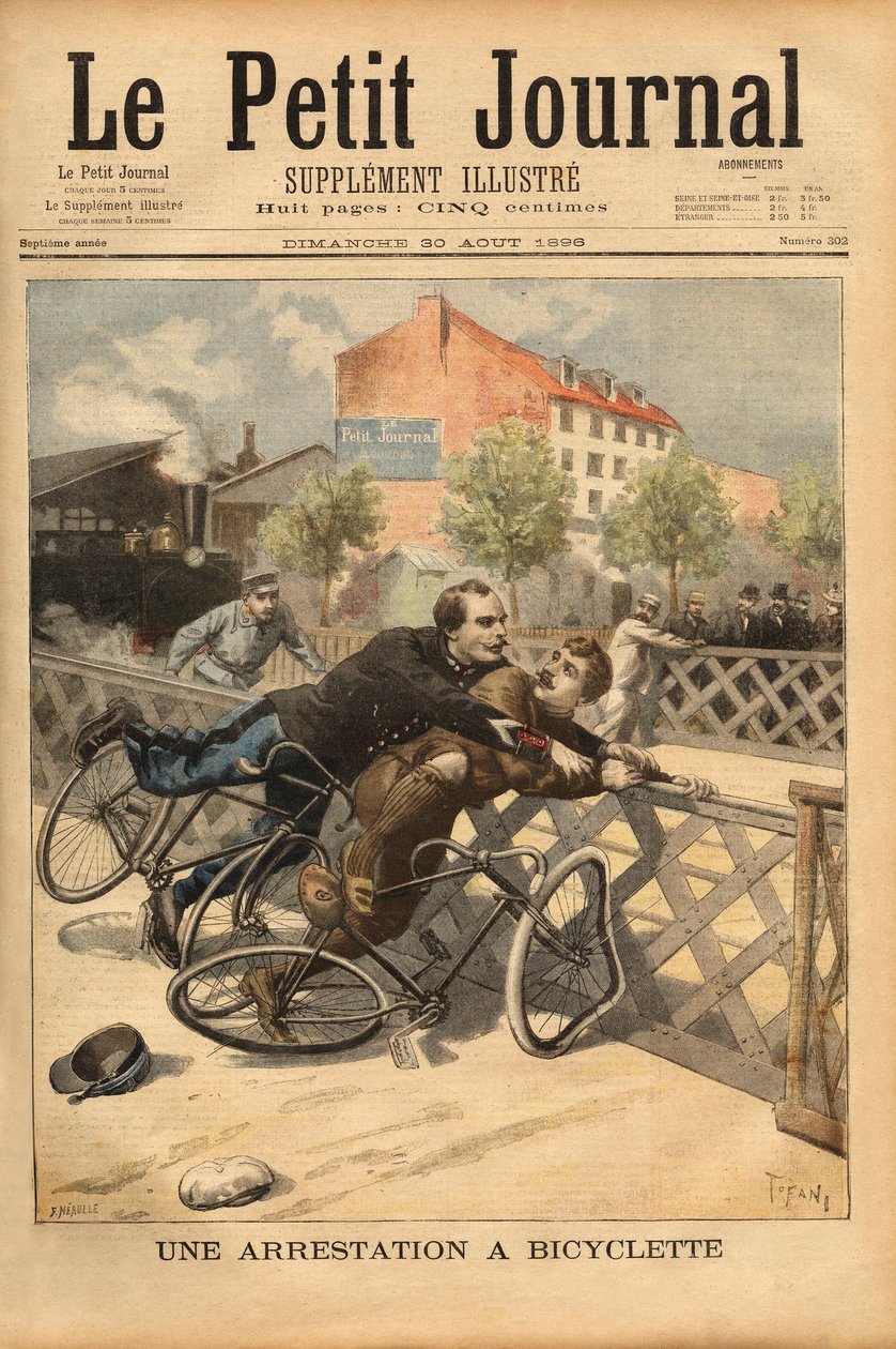 Fahrradverhaftung in der Nähe von Champigny. Gravur in „Le petit journal“ 30/08/1896. Sammlung Selva. von Unknown artist