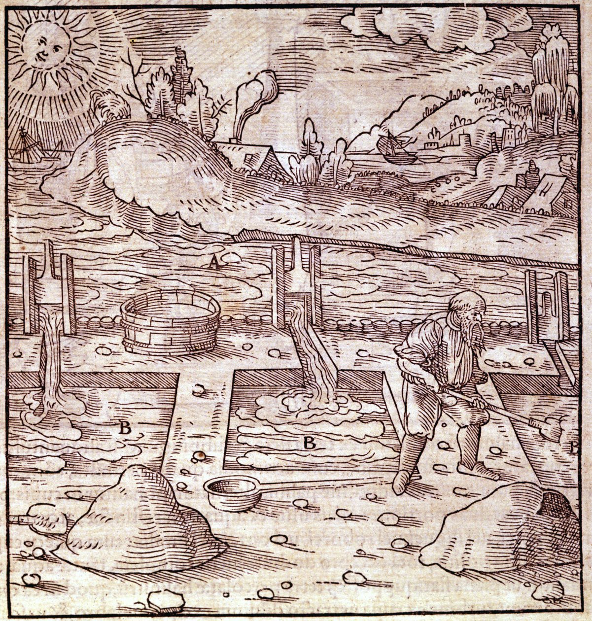 Bitumenrückgewinnung. Georg Bauer „Agricola De Re metallica“ Buch des 15. Jahrhunderts. Bibliothek des Wissenschaftsmuseums, Mailand. von Unknown artist