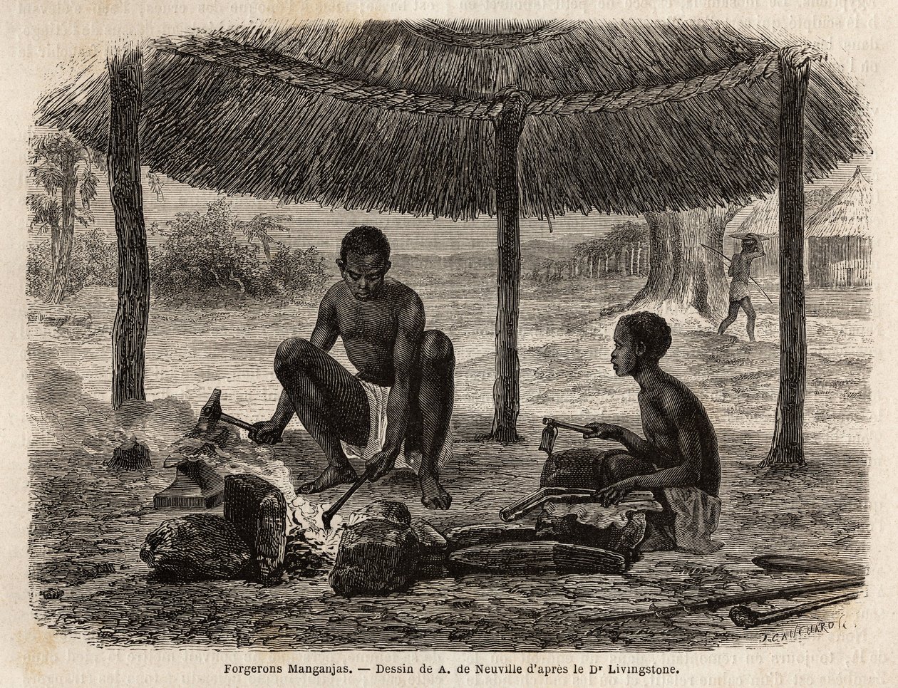Schmiede der Manganjas (ethnische Gruppe der Zambezi-Region). Gravur zur Illustration von Dr. Livingstone