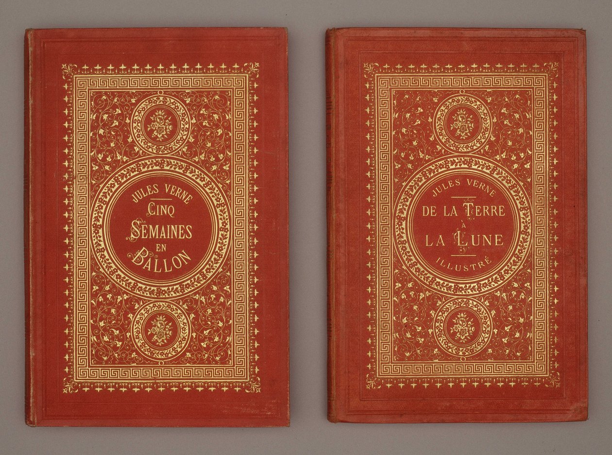 Buchcover „Fünf Wochen im Ballon“ und „Von der Erde zum Mond“ von Jules Verne von Unknown artist