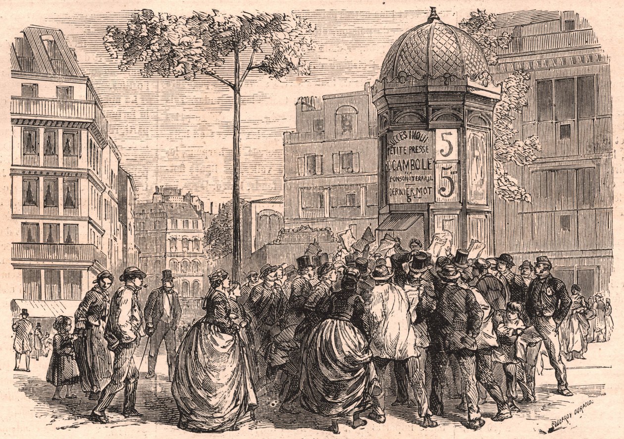 Boulevard Pigalle in Paris: Pariser Menge um eine Morris-Säule während des Zeitungsverkaufs von Unknown