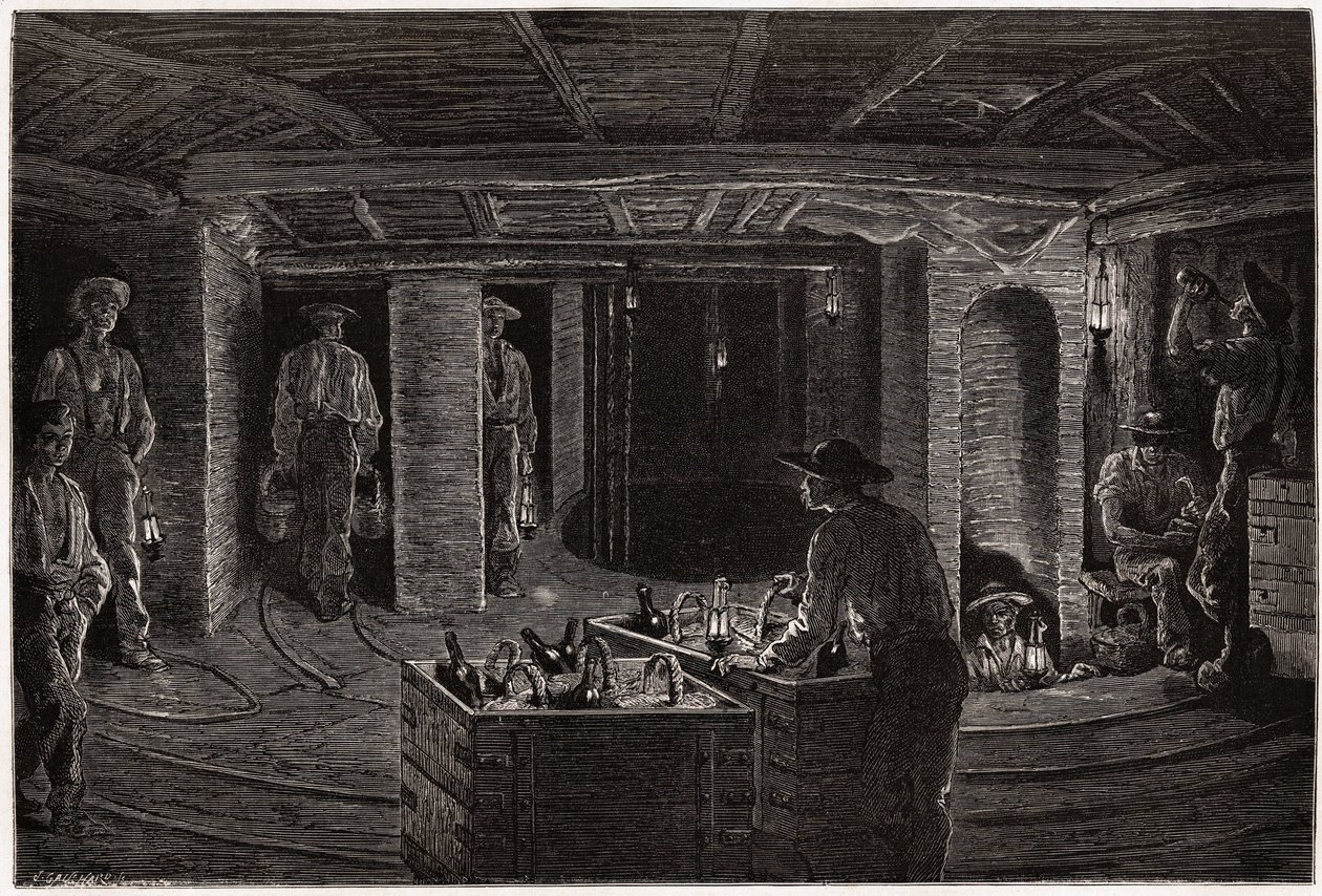 Frühstück in der Mine, Verteilung und Verzehr von Korbmahlzeiten an Bergleute in den Kohlebergwerksgalerien von Creusot. Illustration einer Reise nach Creusot und den Minen von Saone und Loire, 1865, von L. Simonin, in 