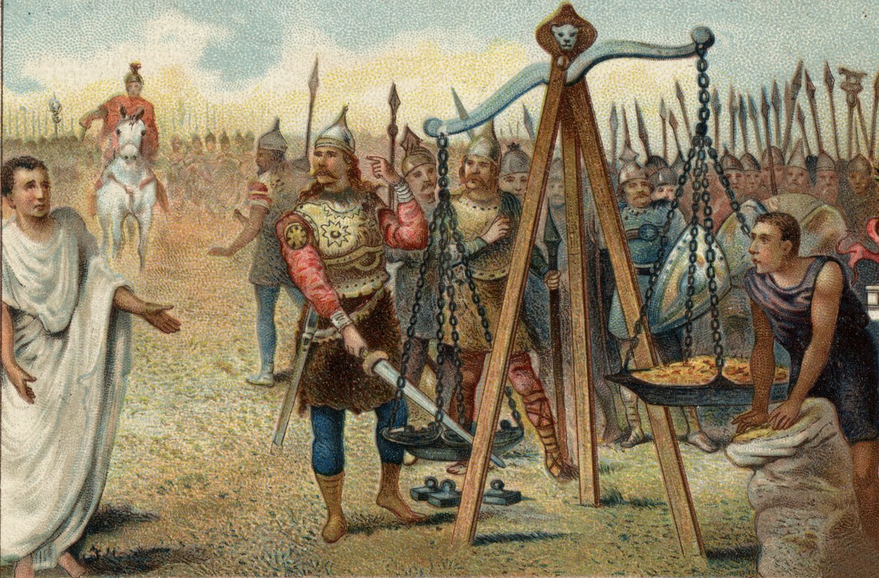 Brennus legt sein Schwert in die Waage, 390 v. Chr.: Plünderung Roms durch die Gallier unter der Führung ihres Anführers Brennus. Angesichts des Widerstands der Römer stimmte Brennus zu, mit dem römischen Militärtribun Quintus Sulpicius zu verhandeln: Er v von Unknown artist