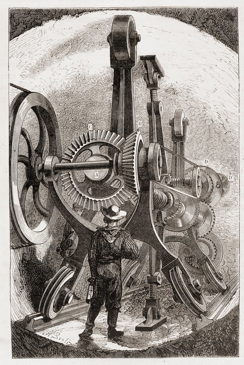 Brunton-Maschine zum Tunnelbau in weichen Gesteinen - in „Die neuen Eroberungen der Wissenschaft: Elektrizität“ von Louis Figuier, sd. von Unknown artist