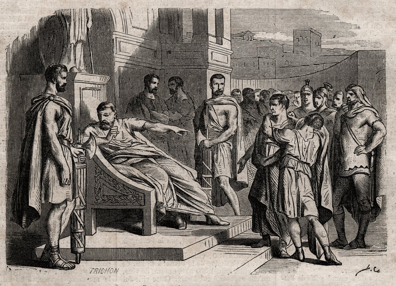 Brutus verurteilt seinen Sohn zum Tode - Brutus (Marcus Junius Brutus, 85-42 v. Chr.) verurteilt seine Söhne zum Tode - Gravur in 